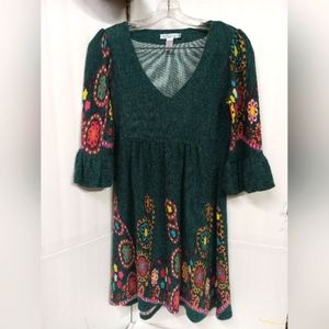 Ob2-12 Short Tunic, Smock Shirt Green Floral Wool-Look, Bell Sleeves  34" Sz M